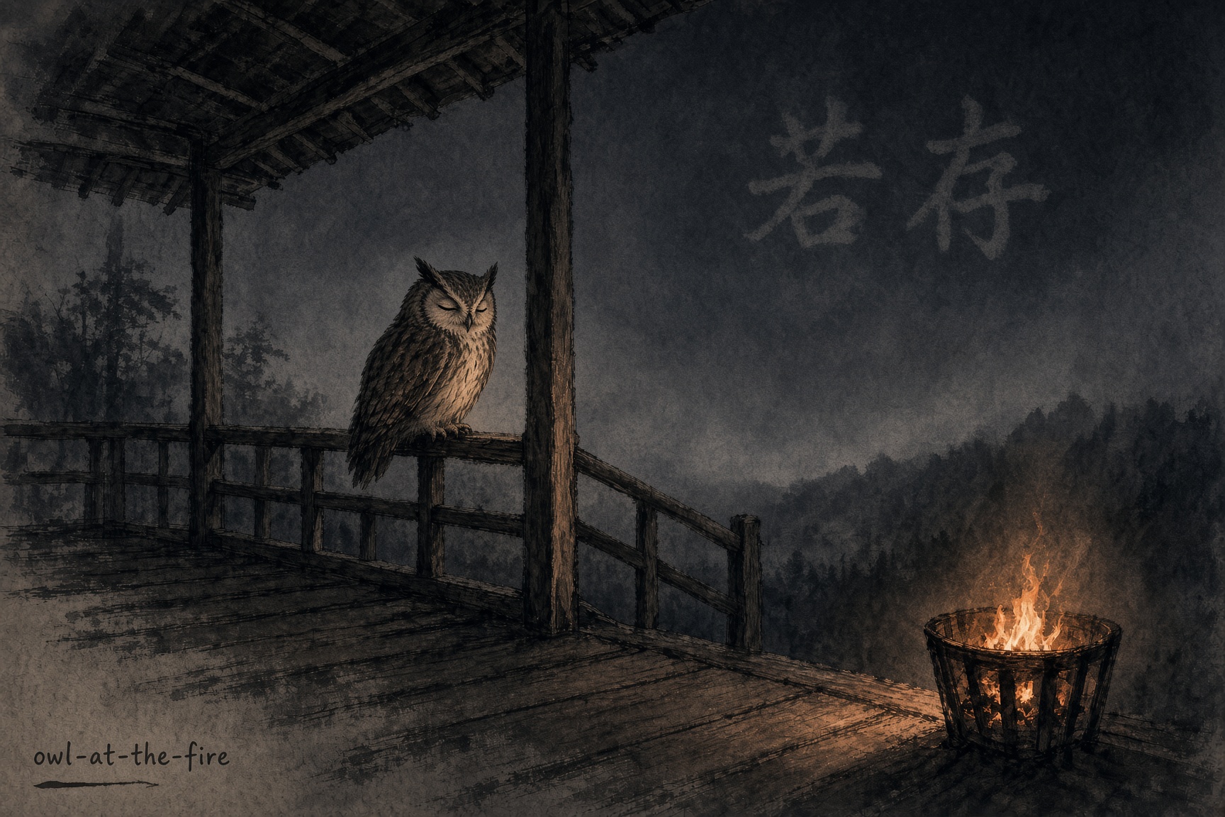Ink-wash night: an owl asleep on the railing of an engawa, a small fire burning beside it, the characters 若存 barely there in the dark sky